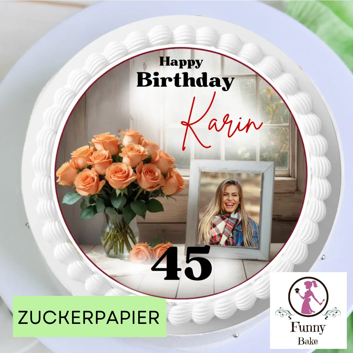 Tortenaufleger Blumenstrauss mit Foto – personalisiert mit Bild & Wunschtext Funny Bake