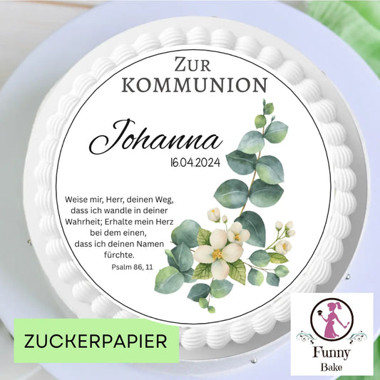 Tortenaufleger zur Kommunion mit Eukalyptuszweig – rund Funny Bake