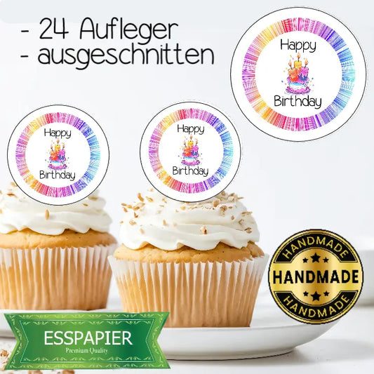 Muffin Aufleger Happy Birthday Regenbogen - Funny Bake