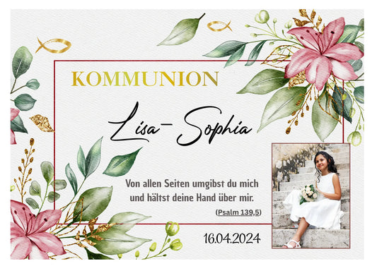 Tortenaufleger zur Kommunion mit Blumen – eckig & personalisierbar Funnybake.de
