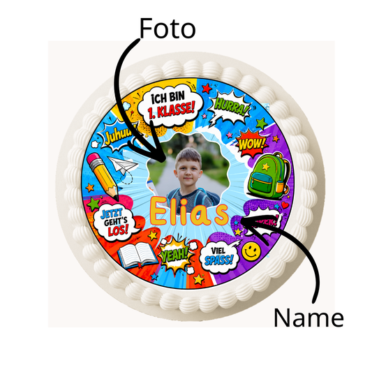 Tortenaufleger Einschulung personalisiert mit Foto & Name – Comic-Design, essbar, handgemacht