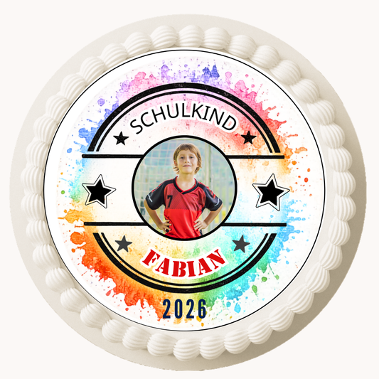 Tortenaufleger Einschulung bunt personalisiert mit Foto & Name