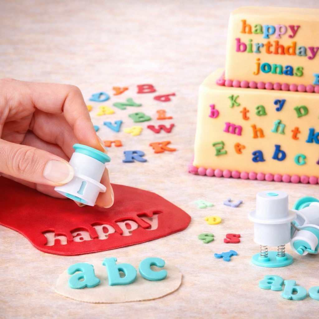 Anwendung der Ausstecher kleine Buchstaben a–z mit Auswerfer zum Ausstechen von Fondant
