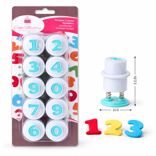 Ausstecher Zahlen 0–9 mit Verpackung und Größenangabe der Zahlen