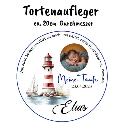 Blue-bordered baptism cake topper with a sleeping baby, lighthouse, sailboat, quote, and personalized details.