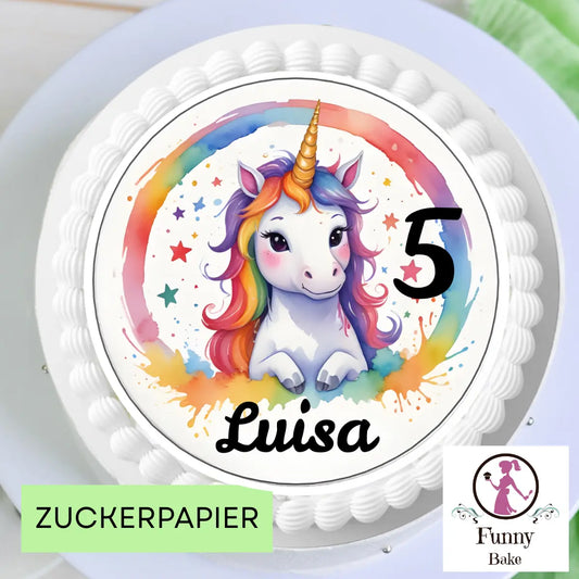 Detailansicht Einhorn Tortenaufleger mit Happy Birthday Schriftzug