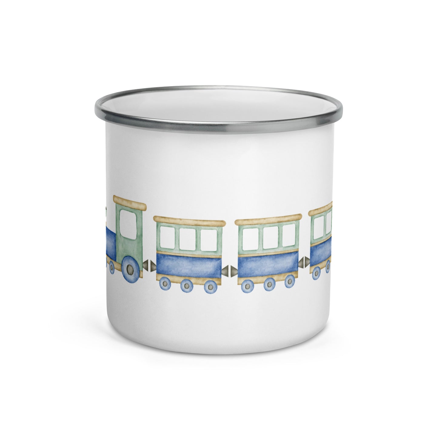 Emailletasse mit Zugmotiv