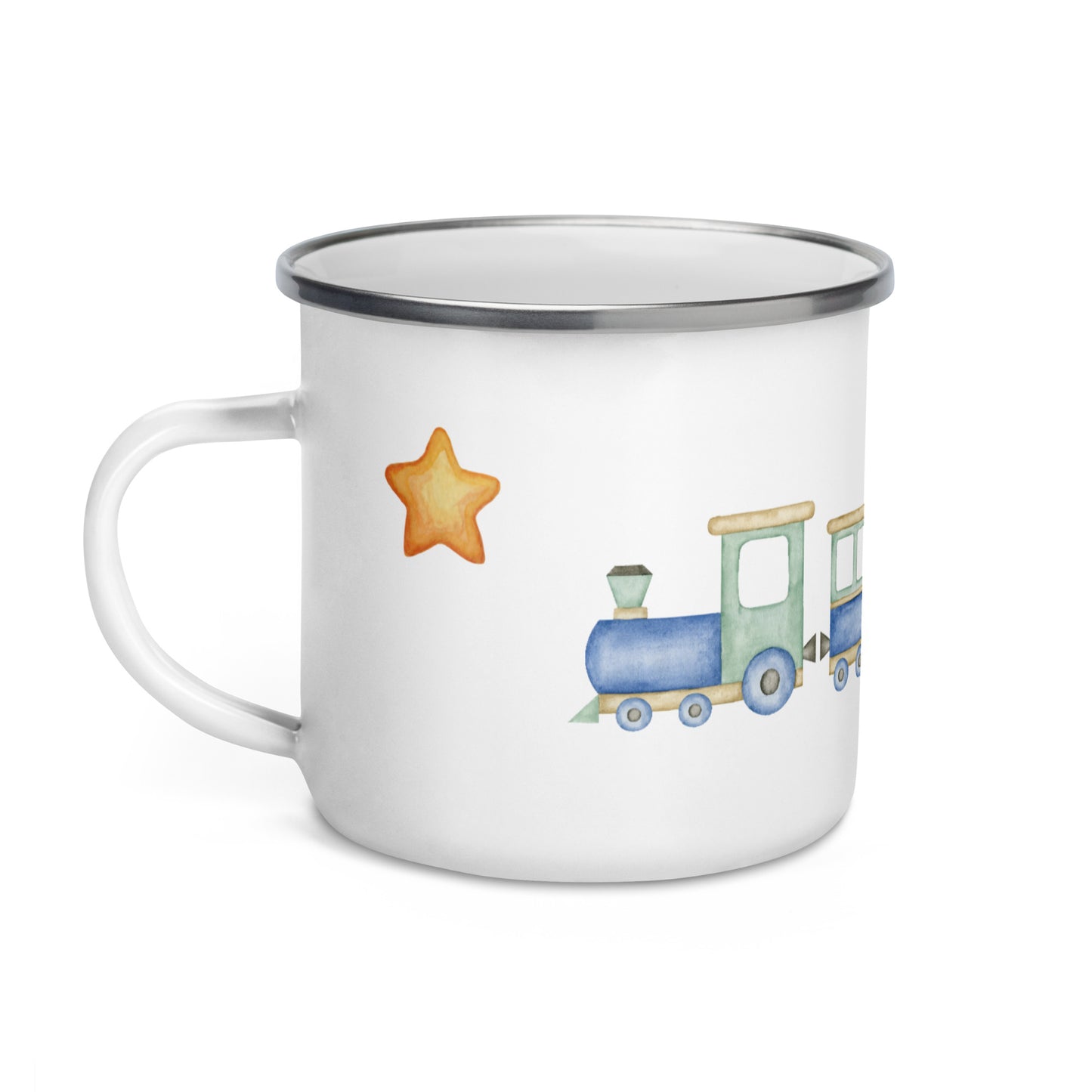 Emailletasse mit Zugmotiv