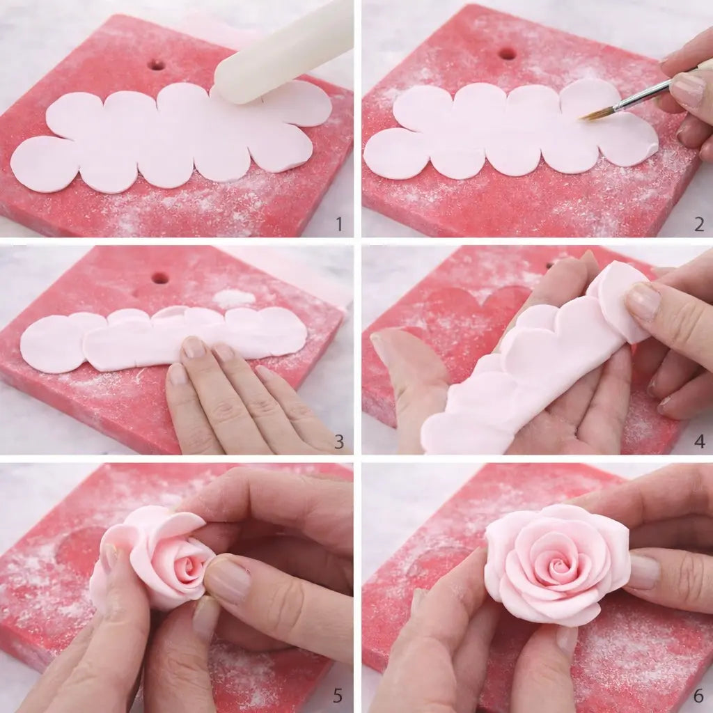 Schritt-für-Schritt Anleitung zur Herstellung einer einfachen Fondantrose mit Rosen-Ausstecher für Tortendekoration