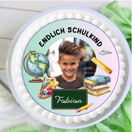 essbarer tortenaufleger einschulung endlich schulkind bunt schulartikel globus bücher name eigenes foto rund 20cm esspapier zuckerpapier