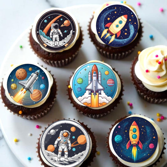 essbare muffin aufleger esspapier 6 motive raketen astronaut weltraum rund 24 stück