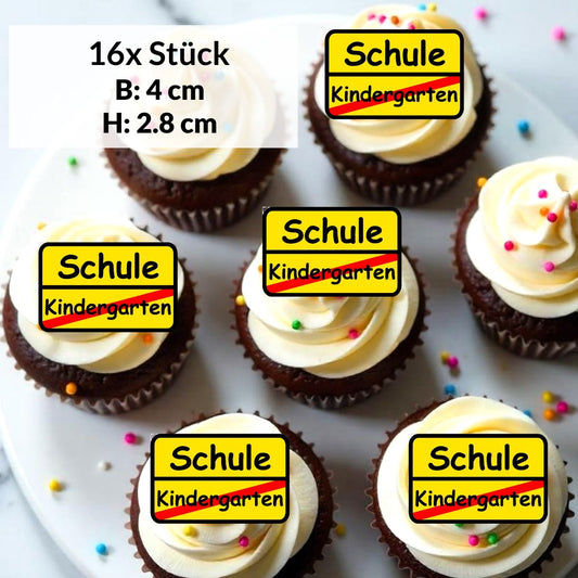 essbare aufleger schild gelb schulkind kindergarten roter strich eckig 16 stück 4x 2,8cm esspapier schulanfang  muffinaufleger