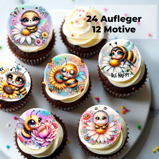 essbare muffin aufleger aus esspapier mit niedlichen bienenmotiven, 4 cm rund ausgeschnitten, mit bunten blumen und sprüchen wie bee kind, bee happy und bee sweet