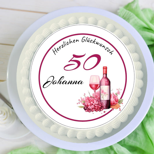 essbarer tortenaufleger rund rot weiß weinflasche glas rosa pink  mit blumen zahl name personalisisert zuckerpapier esspapier wahlweise