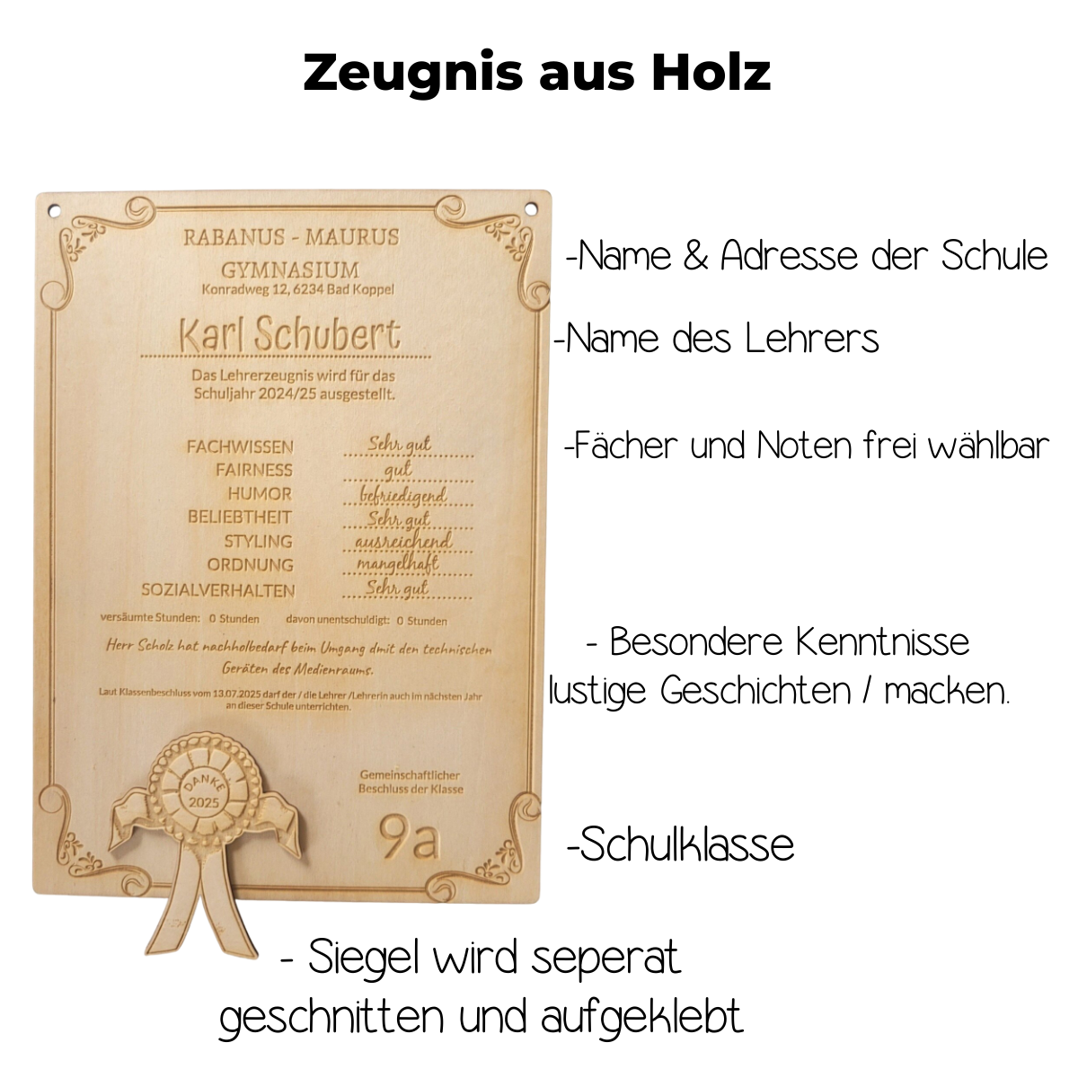 Personalisiertes Lehrerzeugnis aus Holz