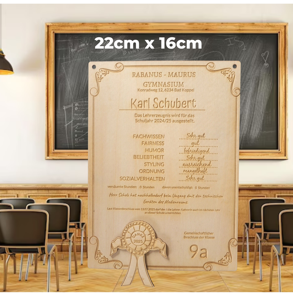 Personalisiertes Lehrerzeugnis aus Holz