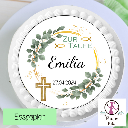 essbarer personalisierter tortenaufleger zurtaufe. eukalyptus farben ranken  ring in gold mit goldenen fischen kreuzzeichnung  name  datum