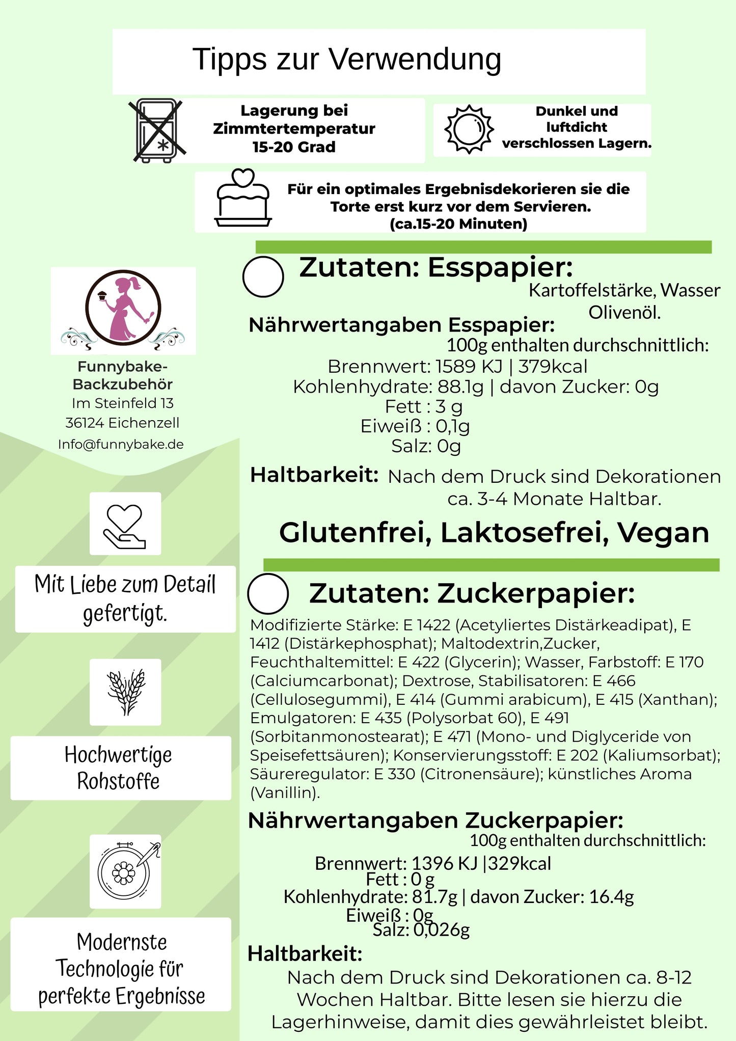 Infographic on Funnybake edible paper usage tips, ingredients, and storage advice