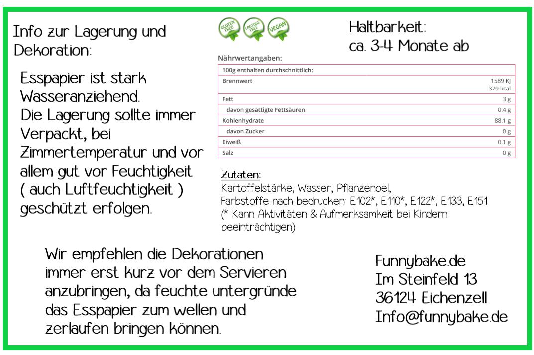Funybake edible paper label with storage instructions and badges for gluten free, lactose free, and vegan options in German.