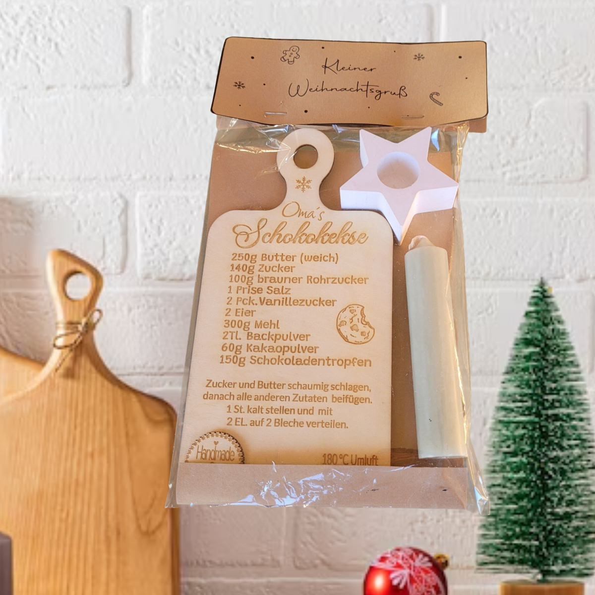 Graviertes Holz-Dekobrettchen mit süßem Rezept & Kerzen-Set