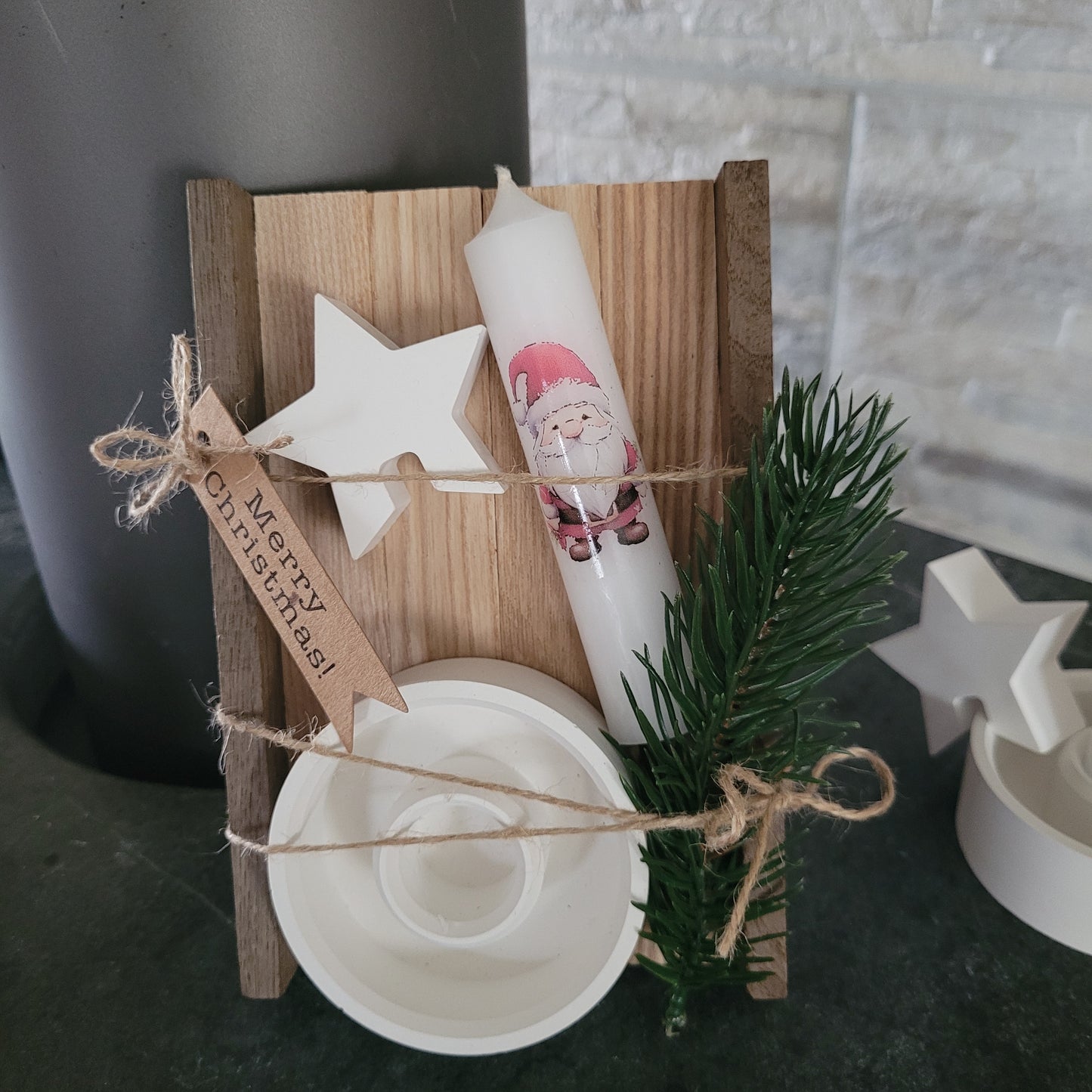 Weihnachtsgeschenk-Set-Wichtelgeschenk-Weihnachtsmann-Kerze-Kerzenhalter-Stern