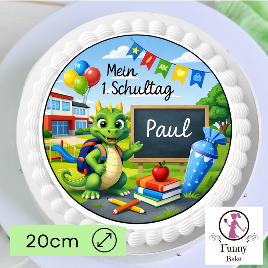 Personalisierter Tortenaufleger zur Einschulung für Jungen mit Drachen-Motiv und Name –ideal für den 1. Schultag
