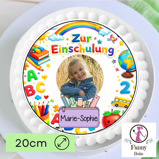 Personalisierter Tortenaufleger zur Einschulung mit Bild und Name