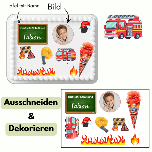 Personalisierter Feuerwehr Tortenaufleger zur Einschulung – Einzelelemente auf eckigem Kuchen