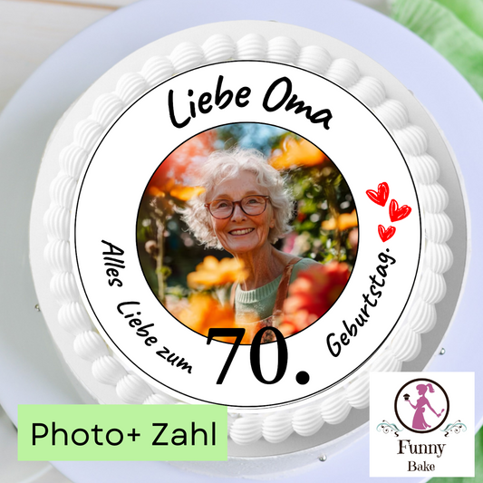 essbarer tortenaufleger untergrund weiss schrift schwarz liebe oma mit photo zahl tortendeko photoaufleger geburtstag