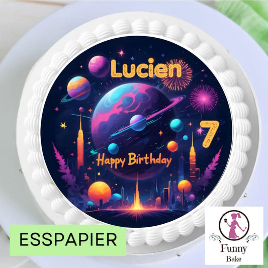 Tortenaufleger Weltraum „Happy Birthday“ – personalisiert, 20 cm rund Funny Bake