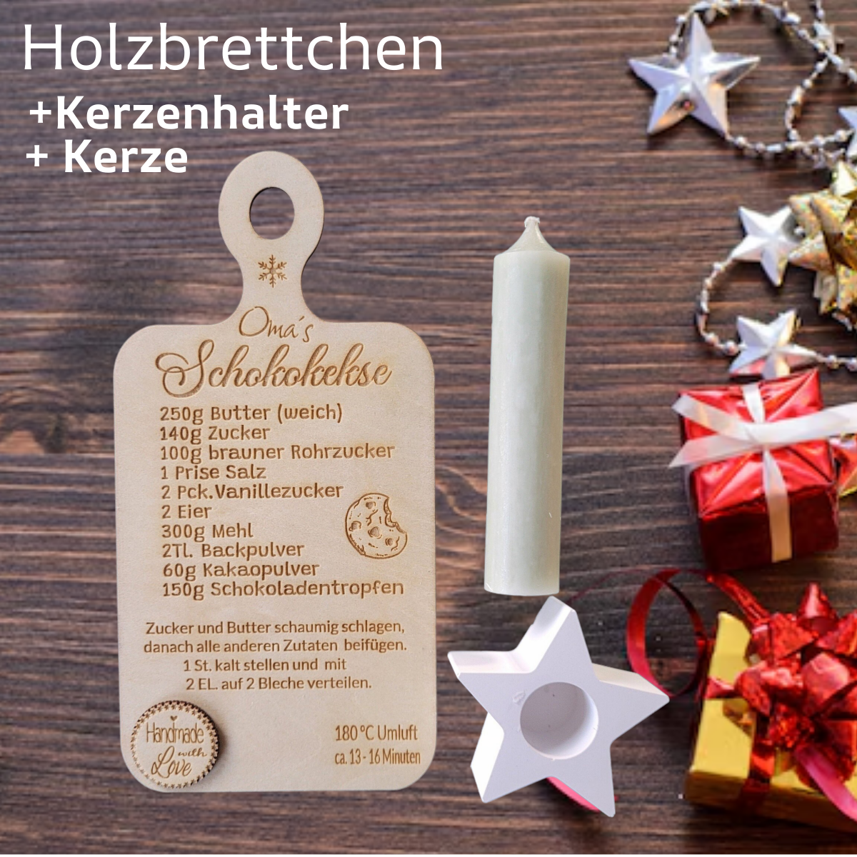 Graviertes Holz-Dekobrettchen mit süßem Rezept & Kerzen-Set