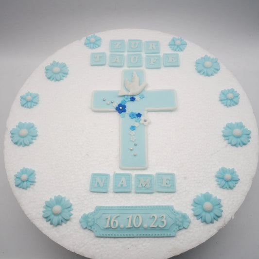 Tortendeko-Zuckerdeko-essbar-Kommunion-kreuz-schrift-Datum-Name-Zuckerblumen