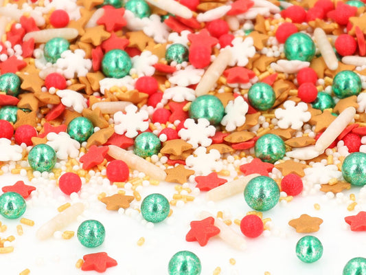 Zuckerperlen-Sprinkles-Sterne-Schneeflocken-Weihnachten-Zuckerstreusel-Tortendeko-Plätzchendeko-Perlen-grün-rot-metallic