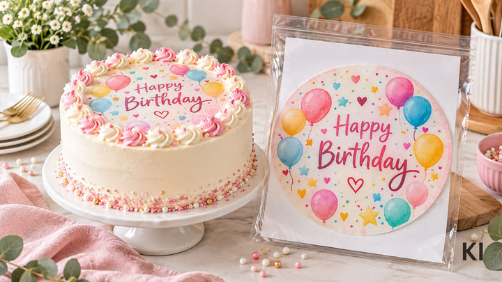 Verpackter Happy-Birthday-Tortenaufleger mit bunten Ballons neben einer dekorierten Geburtstagstorte – KI-generiertes Bild