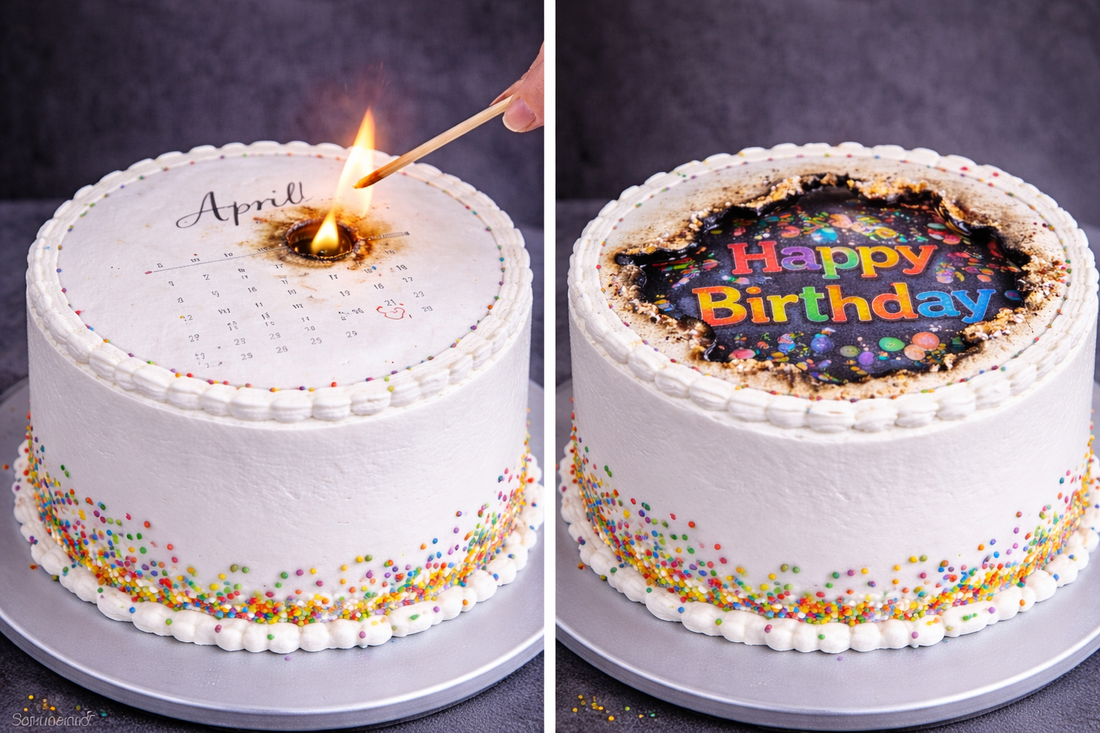 Burn-Away Torte Vorher-Nachher: oberer Esspapier-Aufleger wird in der Mitte angezündet und brennt nach außen ab, darunterliegendes Zuckerpapier-Motiv wird freigelegt