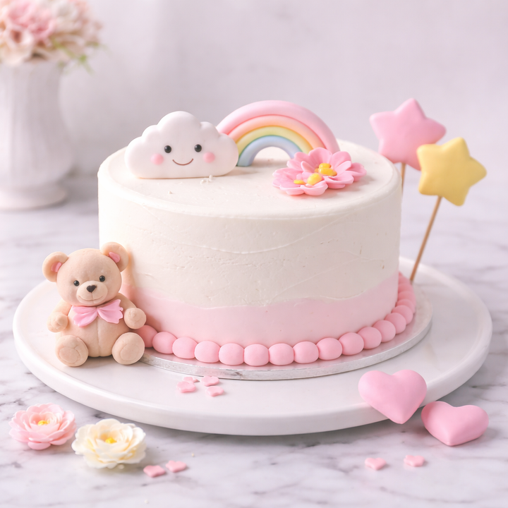 Einfache Torte mit Sahnecreme und Fondantdekorationen, wie man eine Torte mit Fondant dekorieren kann