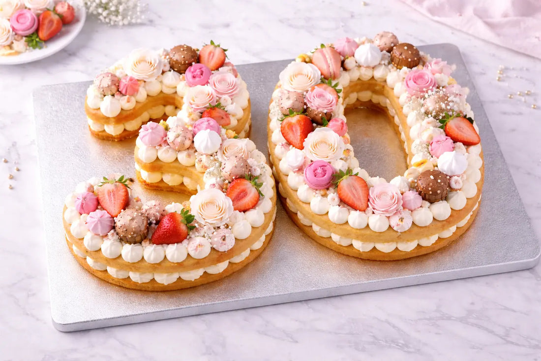 Number Cake auf stabilem silbernen Cakeboard als Unterlage für mehrstöckige und schwere Torten