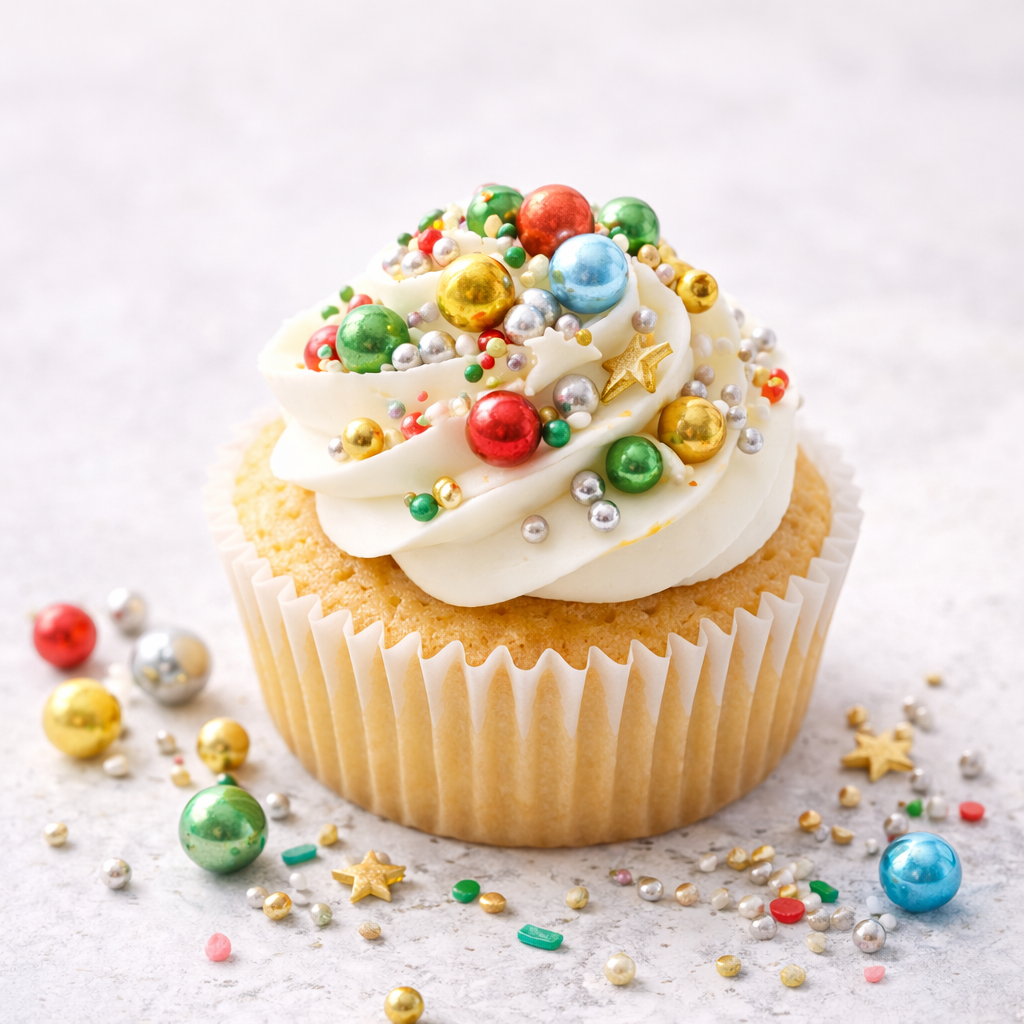 Muffin mit Zuckerstreuseln und Zuckerperlen in Gold, Silber, Rot und Blau als Beispiel für Tortendekoration