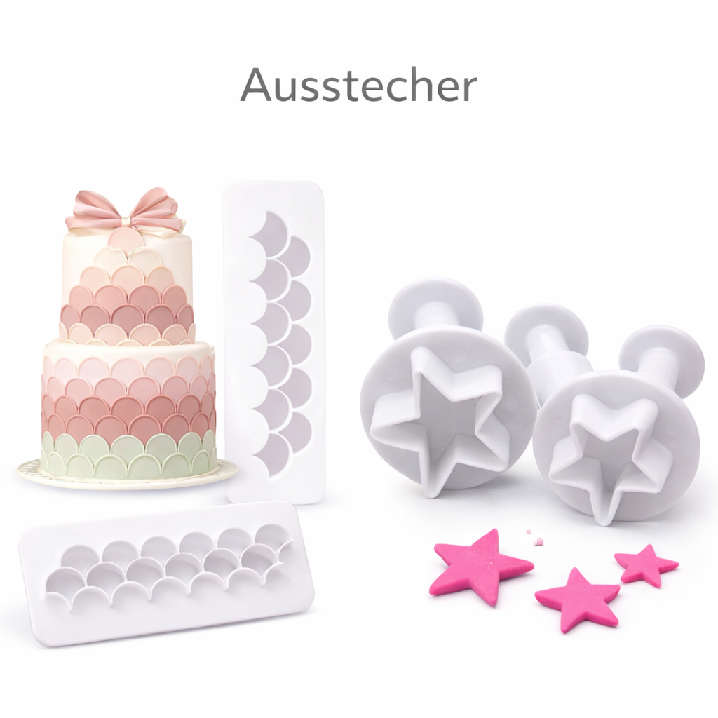 Fondant-Ausstecher Kollektion mit Skallop-Ausstecher für Tortendekor und Stern-Plunger-Ausstechern für Zucker- und Fondantdekoration