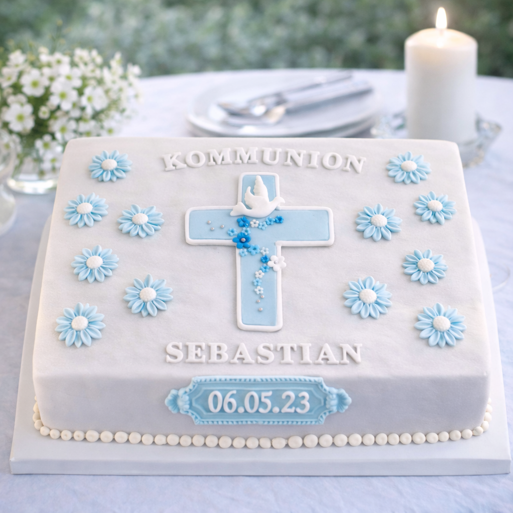 Tortendekoration zur Kommunion in blau weiß mit kreuz und blumen.