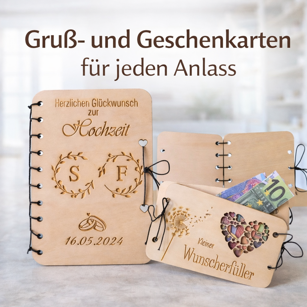 Holz-Grußkarten und Geschenkkarten für verschiedene Anlässe wie Hochzeit und Geburtstag