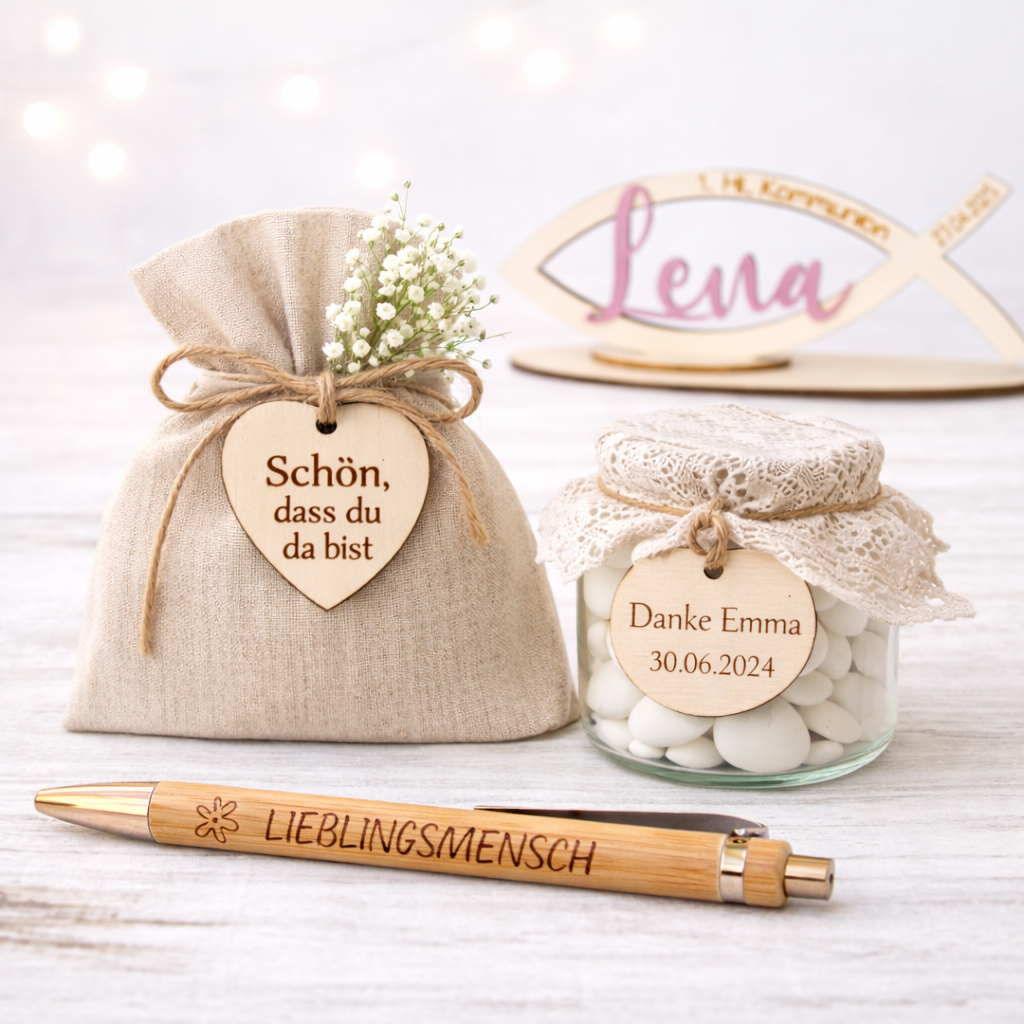„Personalisierbare Gastgeschenke und kleine Geschenkideen aus Holz für Kommunion, Taufe und Hochzeit – Deko für Tisch und Zuhause“