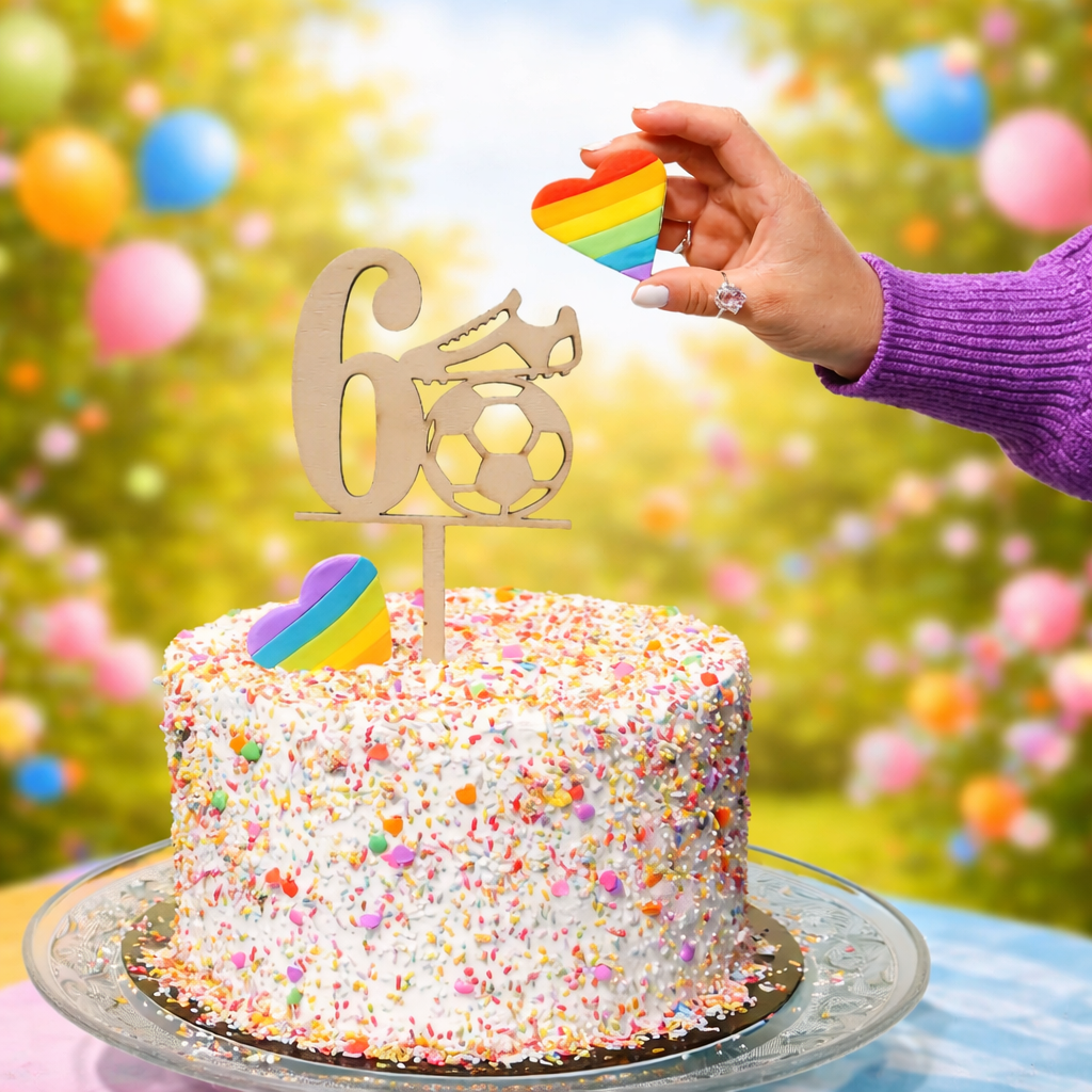 Tortenstecker Zahl aus Holz mit Fußballmotiv auf bunter Kindergeburtstagstorte