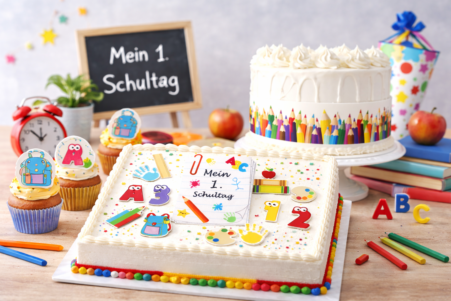 Einschulung Tortendeko mit Tortenauflegern, Muffinauflegern und Tortenband für Schulanfang und 1. Schultag