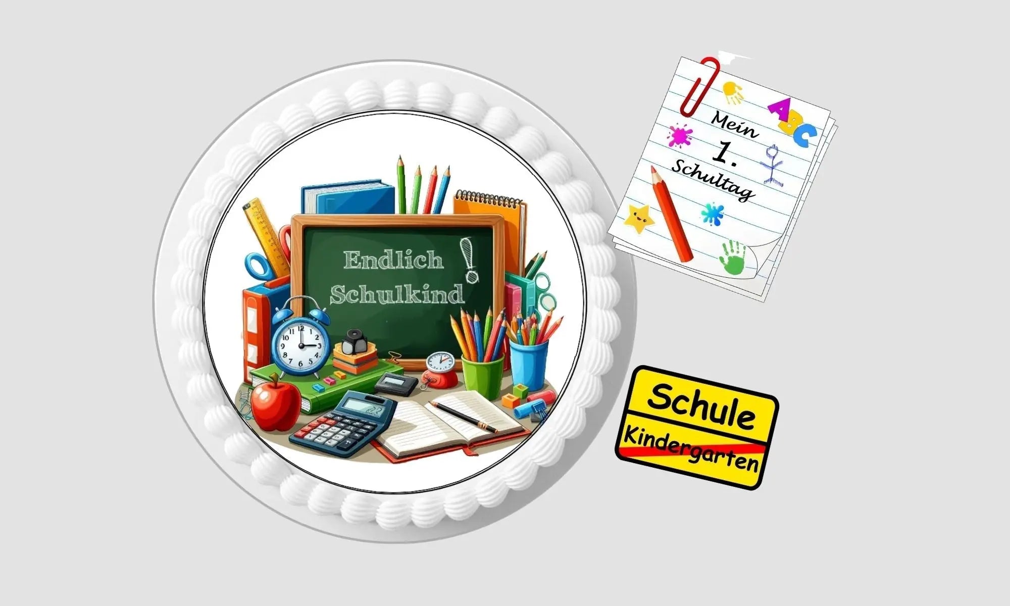 Essbare Tortenaufleger und Muffinaufleger zur Einschulung mit bunten Schulmotiven