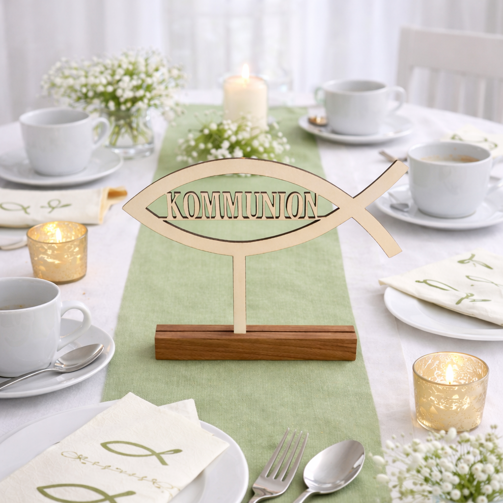Kommunion Tischdekoration mit personalisiertem Tortenstecker aus Holz