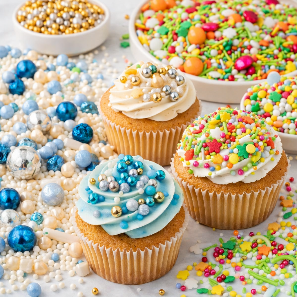 Zuckerstreusel und Zuckerperlen in edler und bunter Mischung auf Muffins zur Tortendekoration