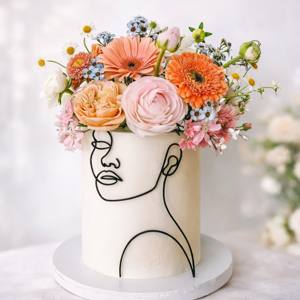 Moderner Tortenstecker mit Gesicht Lineart aus Metall auf Geburtstagstorte mit Blumen