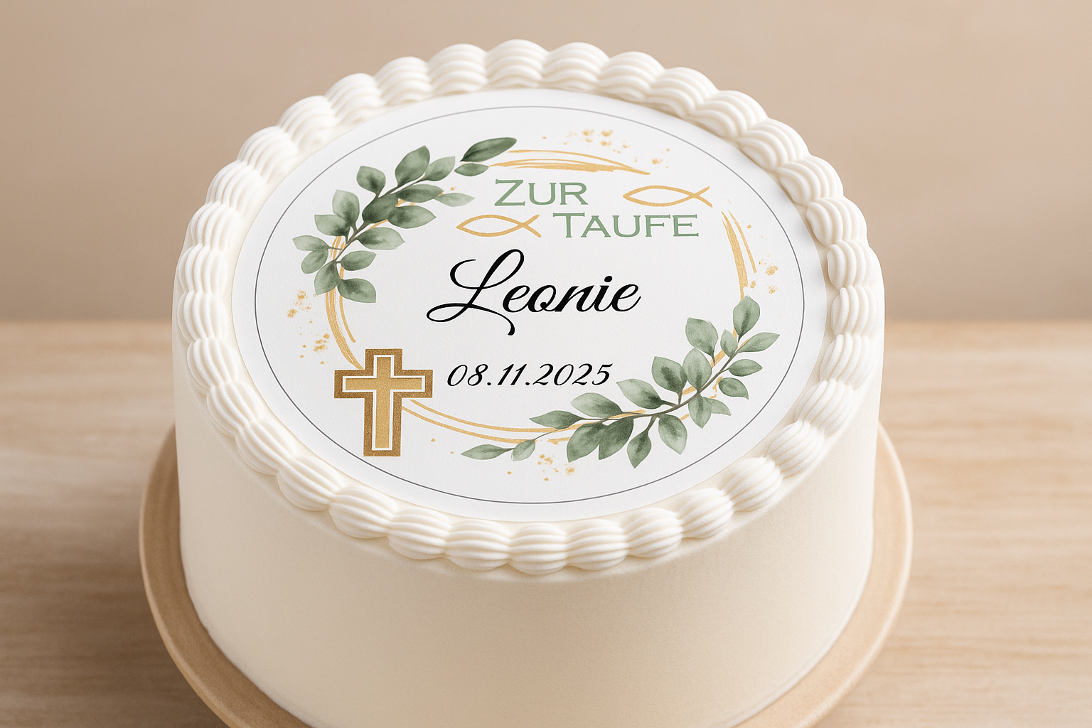 Tortenaufleger zur Taufe personalisiert mit Name Bild und Datum. Wunschmotiv