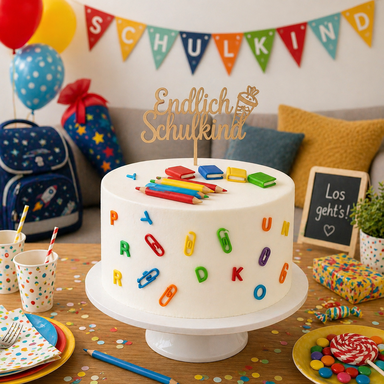Tortendeko Einschulung Anwendung auf Torte mit Fondant Schulmotiven zum 1. Schultag